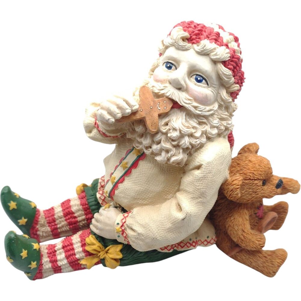 Vintage Hand Painted White Santa Eating Cookies Sculpture Elf Shoes Hat 5" 1980s